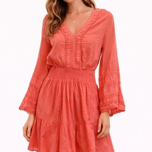 Ramy Brook Coral Boho Mini Dress Womens L Embroidered Smocked Waist Bell Sleeve